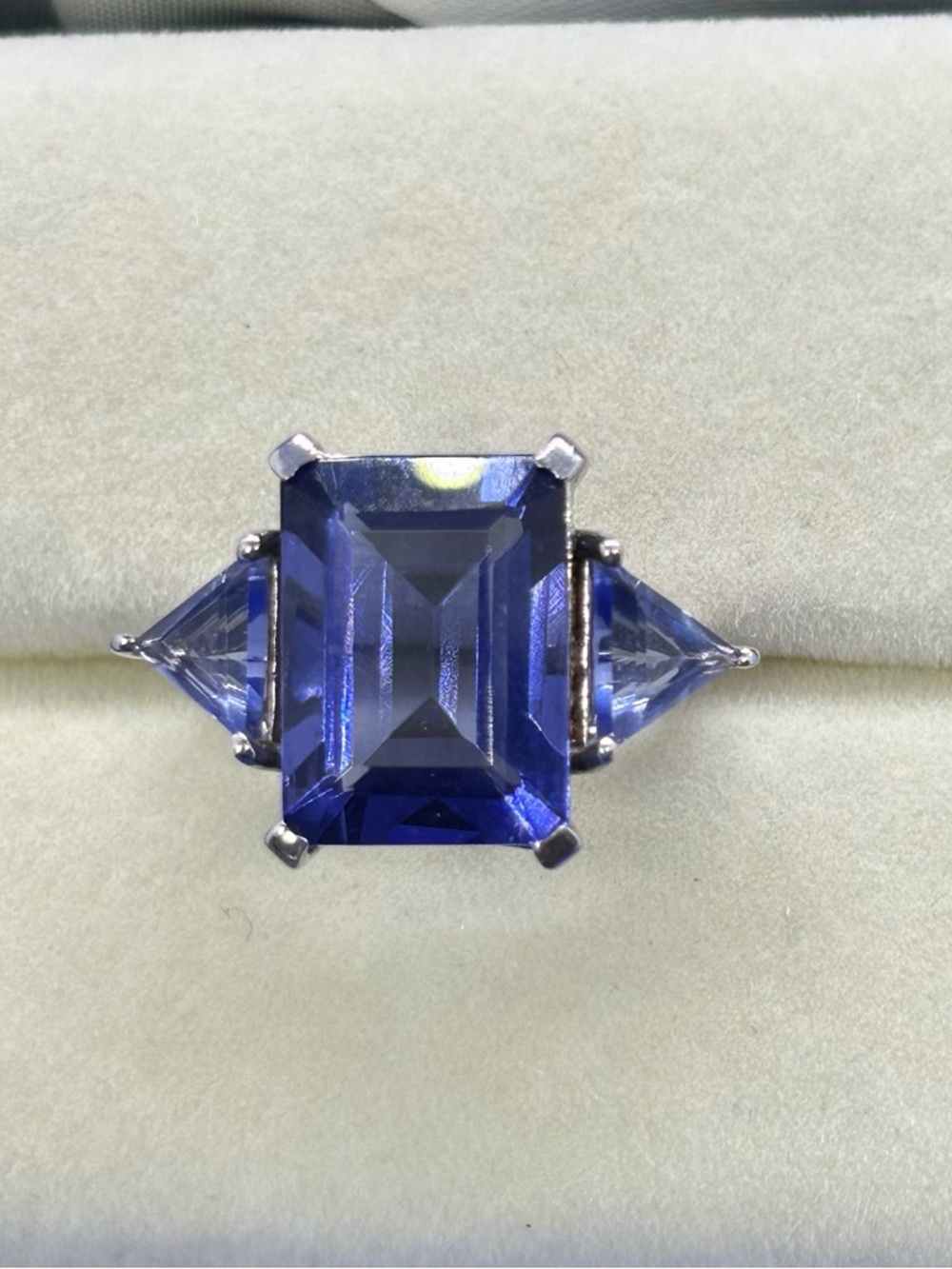 Blue-Purple Emerald-Cut Three-Stone Ring in 925 Sterling Silver